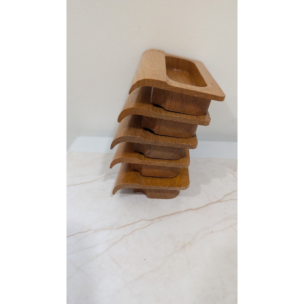 Vintage Solid Oak Recessed Drawer Pulls Set of 5 Mid Century Wood Handles 4x2.25 - Picture 2 of 6